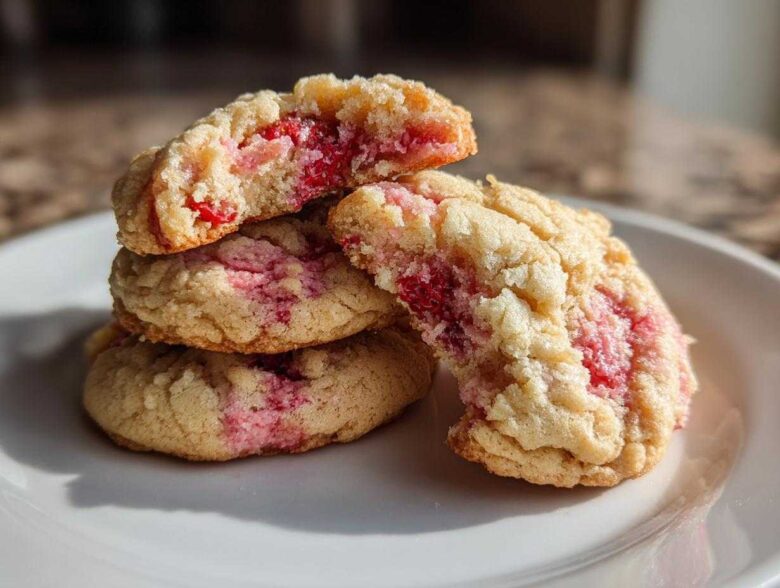 A stack of soft, pale strawberry cheesecake cookies with bright pink strawberry swirls visible inside, one cookie broken open.