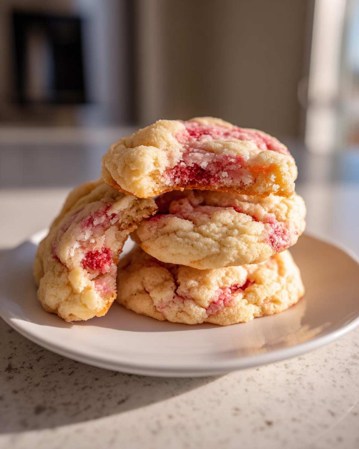 A stack of three soft strawberry cheesecake cookies, with the top one broken open to show the pink, fruity interior.