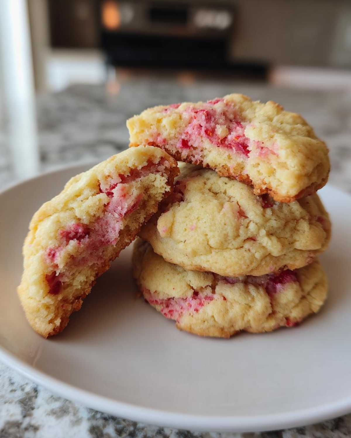 A stack of soft strawberry cheesecake cookies, with one cookie broken in half showing the pink, fruity filling.