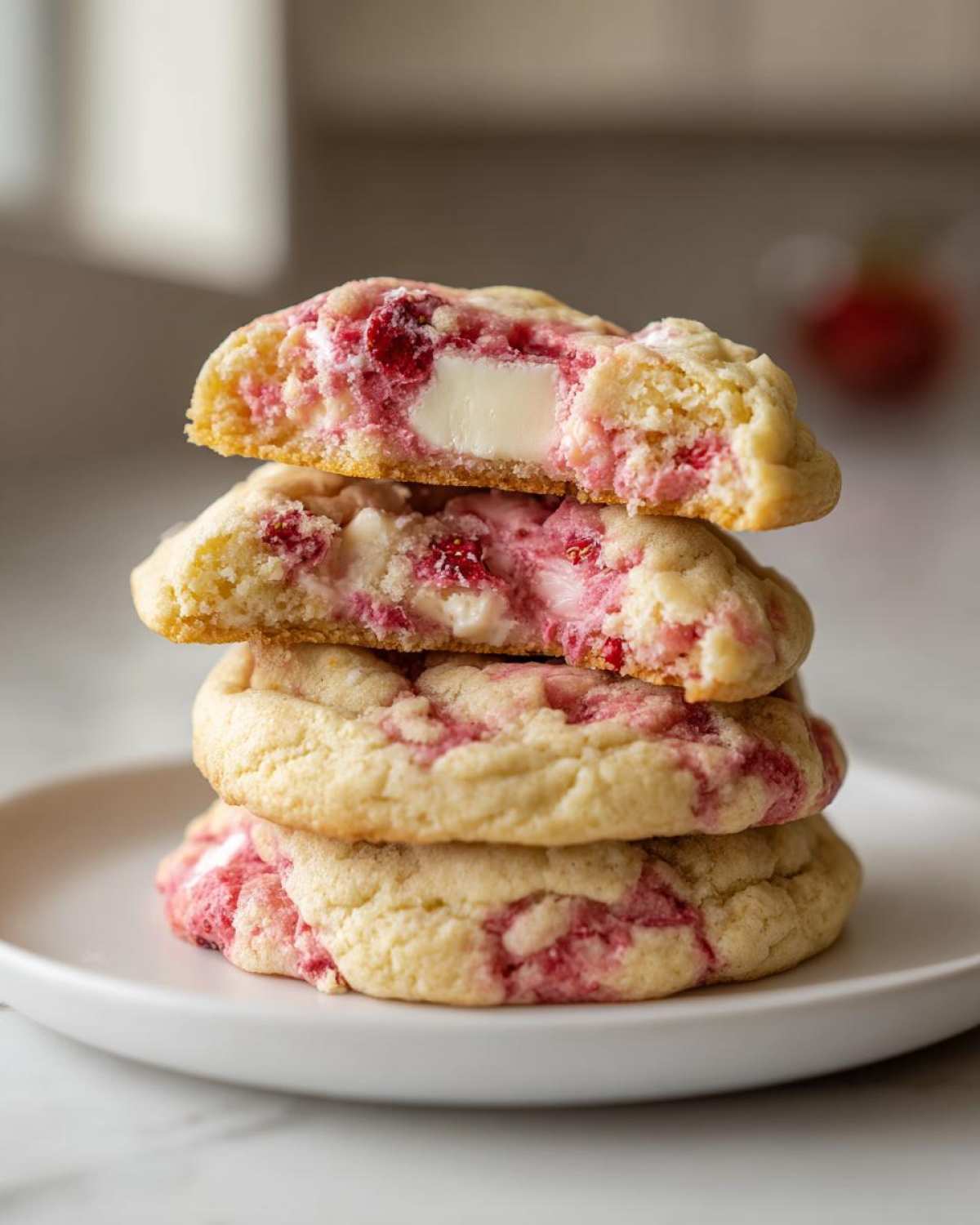 A stack of four soft strawberry cheesecake cookies, with the top one cut in half revealing a gooey center with white chocolate chunks.