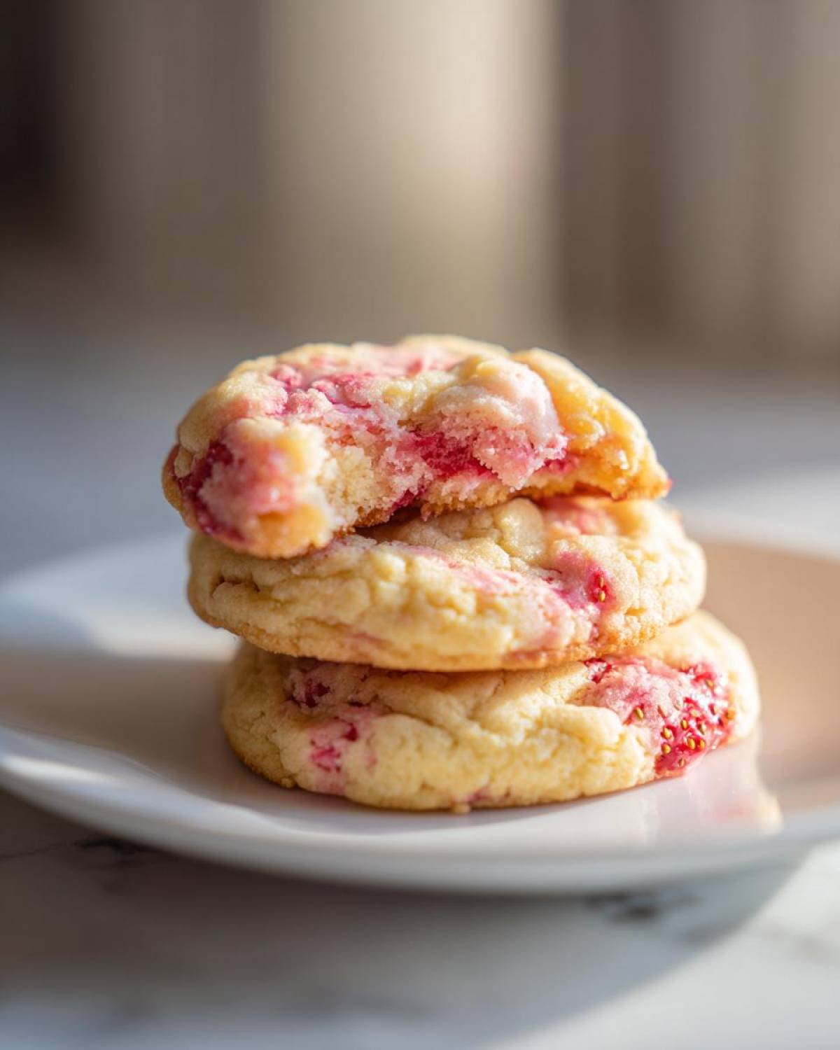 A stack of three soft strawberry cheesecake cookies on a white plate, with the top cookie showing a bite taken out revealing the pink interior.