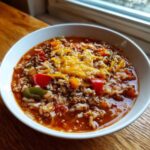 A close-up of a white bowl filled with rich stuffed pepper soup, featuring ground meat, rice, peppers, and melted cheddar cheese.