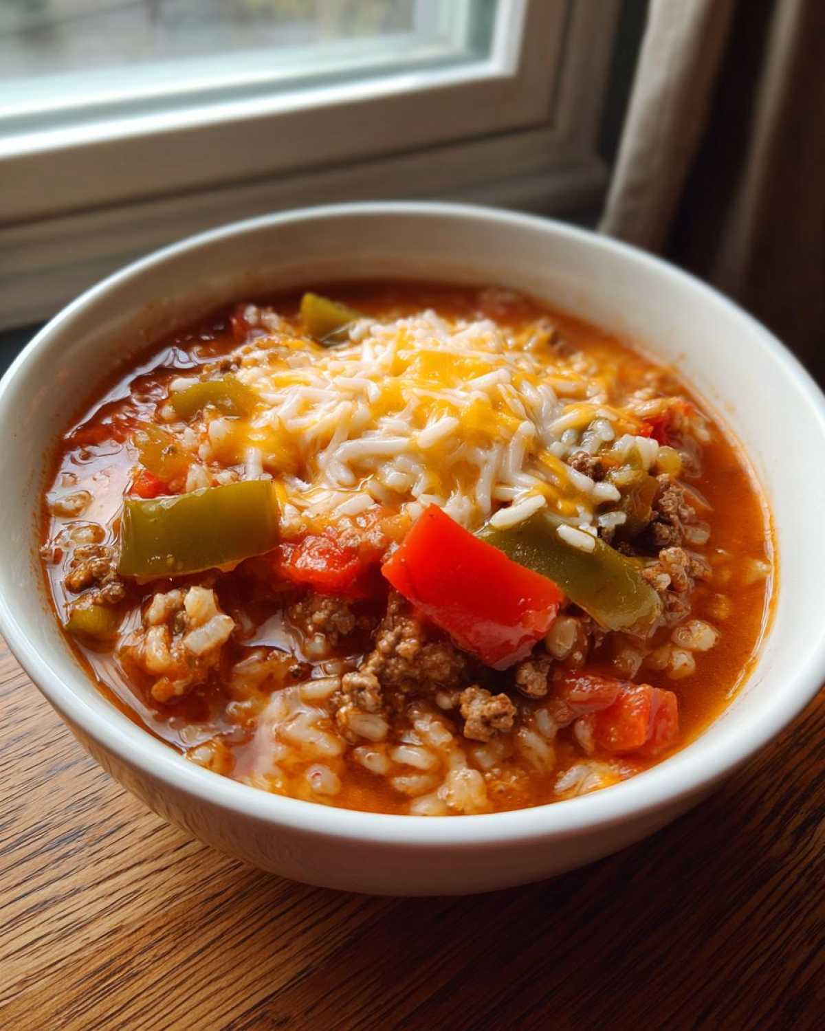 A close-up of a white bowl filled with rich, tomato-based stuffed pepper soup, featuring ground meat, rice, peppers, and shredded cheese.