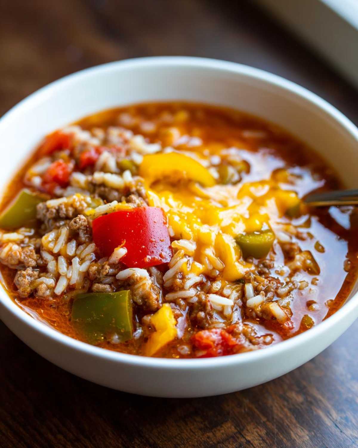 Close-up of a white bowl filled with rich, tomato-based stuffed pepper soup featuring ground meat, rice, and colorful bell peppers, topped with melted cheese.