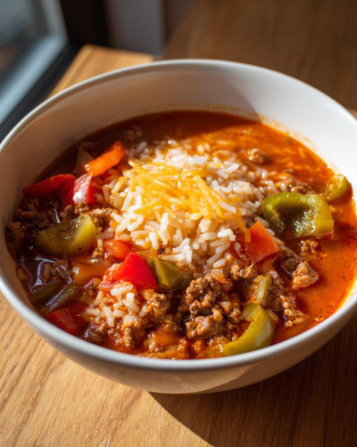 Close-up of a bowl of stuffed pepper soup featuring ground meat, colorful peppers, rice, and shredded cheddar cheese.