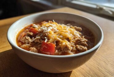 Close-up of a steaming white bowl filled with stuffed pepper soup, topped with melted cheese and rice.