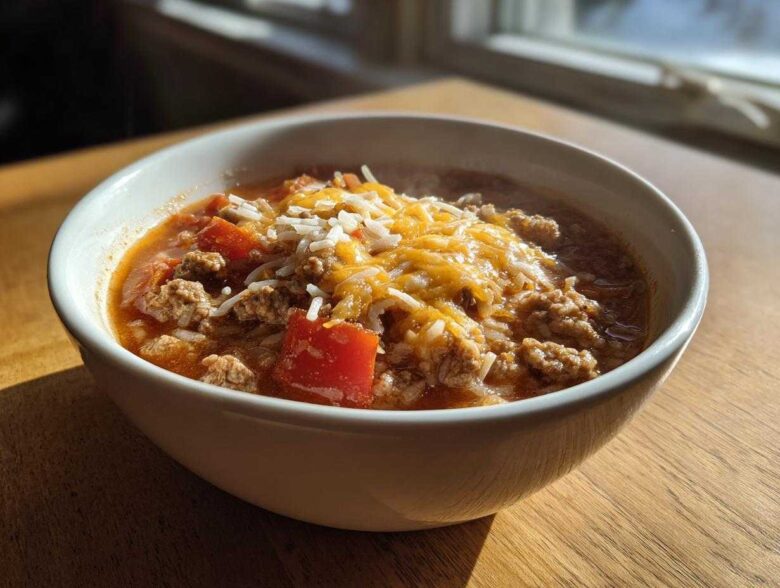 Close-up of a steaming white bowl filled with stuffed pepper soup, topped with melted cheese and rice.