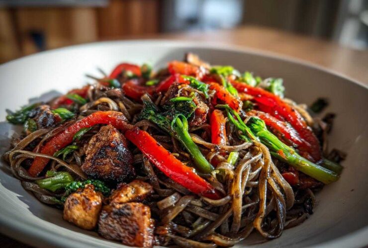 Close-up of a bowl of dark, saucy thai drunken noodles mixed with bright red bell peppers and green vegetables.