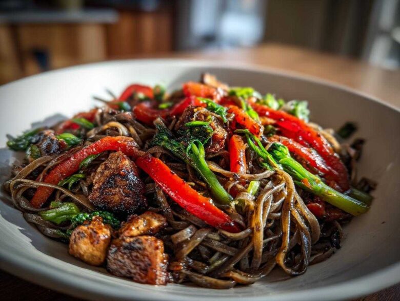 Close-up of a bowl of dark, saucy thai drunken noodles mixed with bright red bell peppers and green vegetables.
