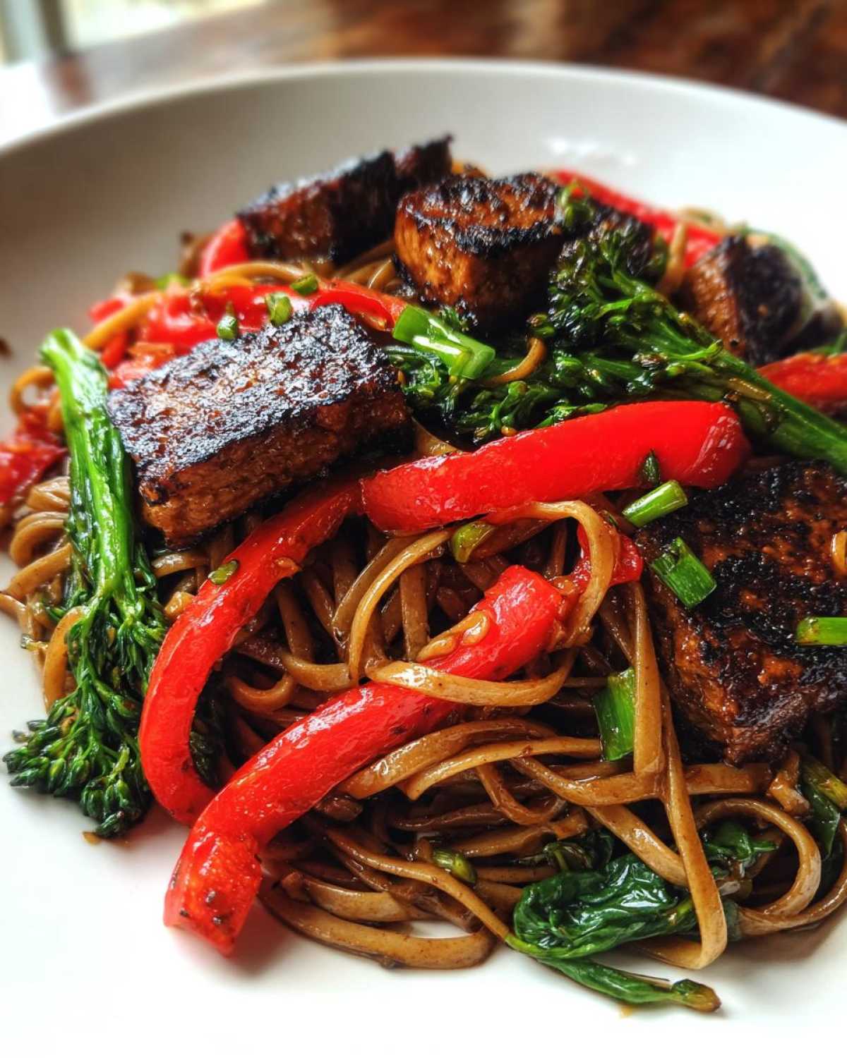 Close-up of vibrant Thai drunken noodles tossed with seared tofu, bright red bell peppers, and green broccolini.