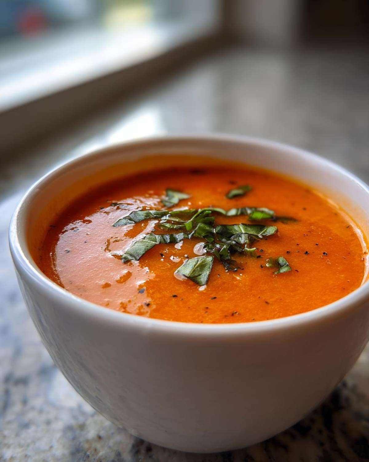 Close-up of a white bowl filled with creamy, vibrant orange tomato basil soup, topped with fresh basil leaves.
