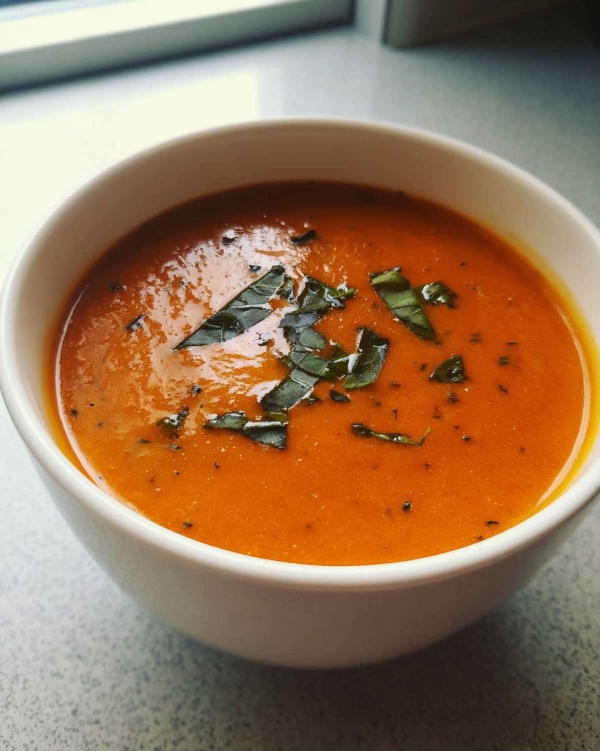 Close-up of a bowl of vibrant orange tomato basil soup garnished with fresh basil leaves.