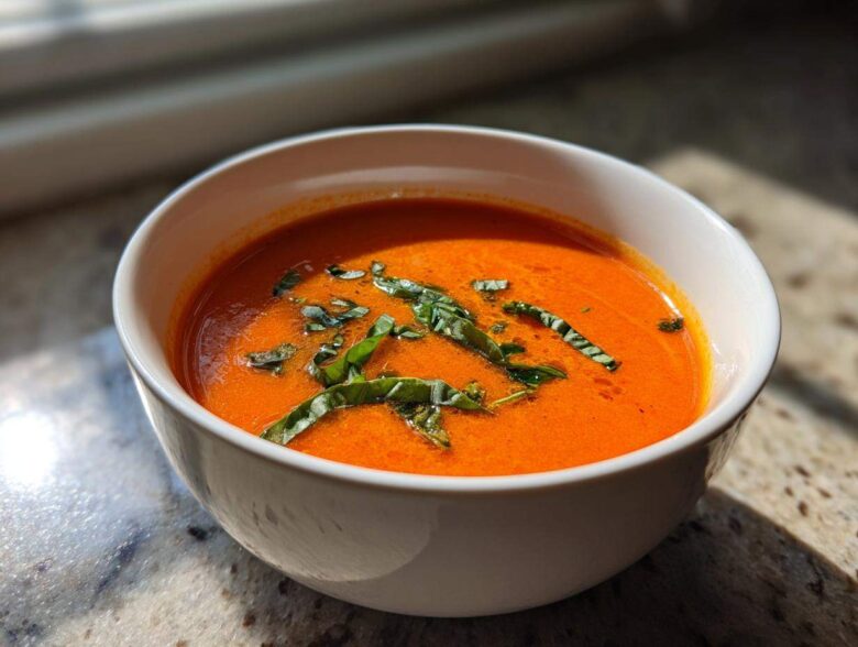 Close-up of a white bowl filled with bright orange tomato basil soup, garnished with fresh basil leaves.
