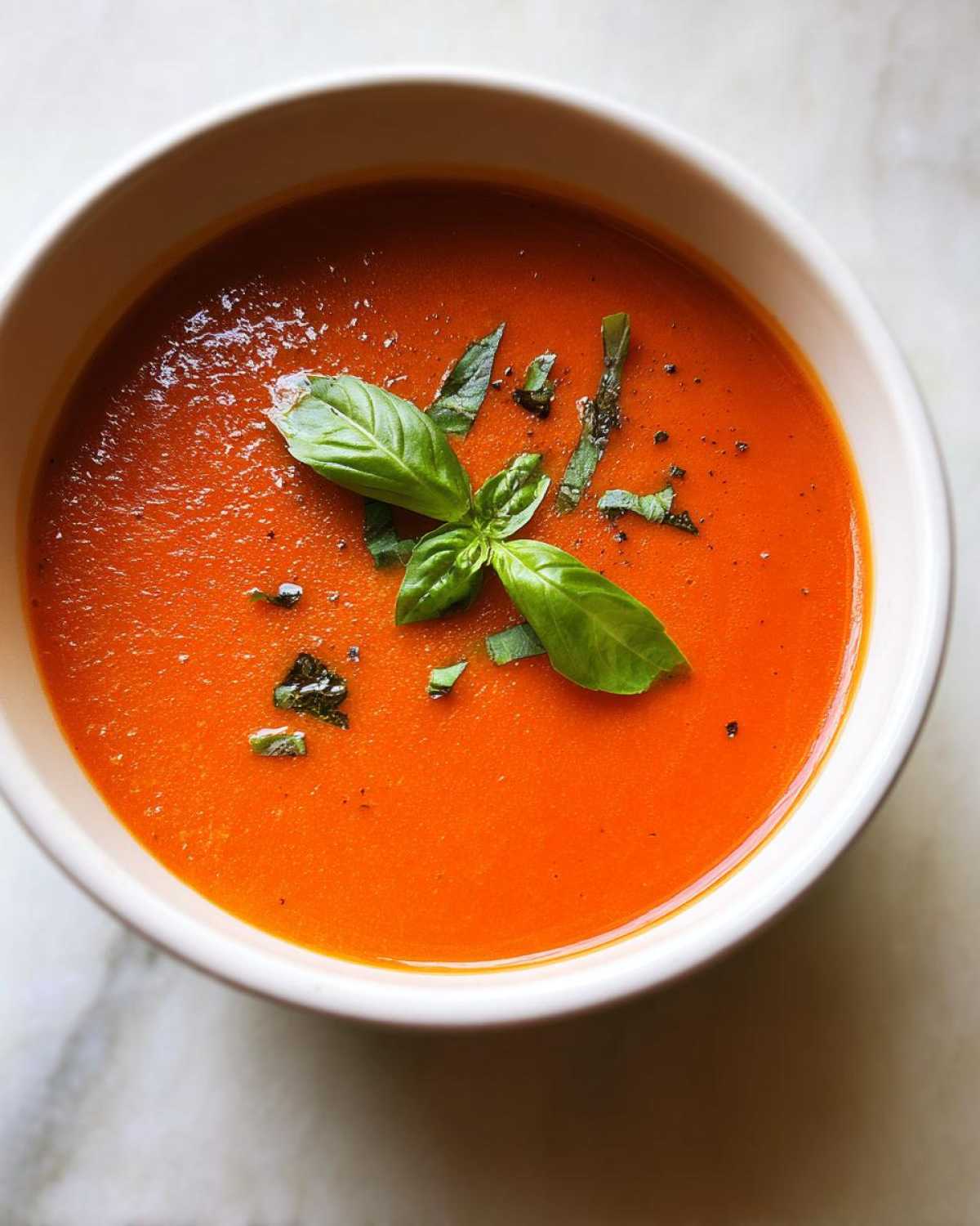 Overhead close-up of a vibrant orange bowl of smooth tomato basil soup, garnished with fresh basil leaves.