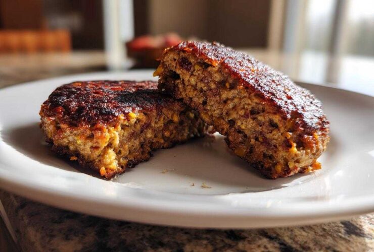 Close-up of a perfectly seared black bean burger patty cut in half, showing the moist, textured interior.