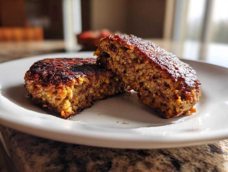 Close-up of a perfectly seared black bean burger patty cut in half, showing the moist, textured interior.