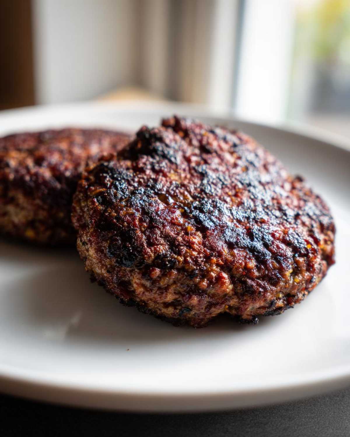 Close-up of two perfectly seared, dark brown black bean burger patties resting on a white plate.