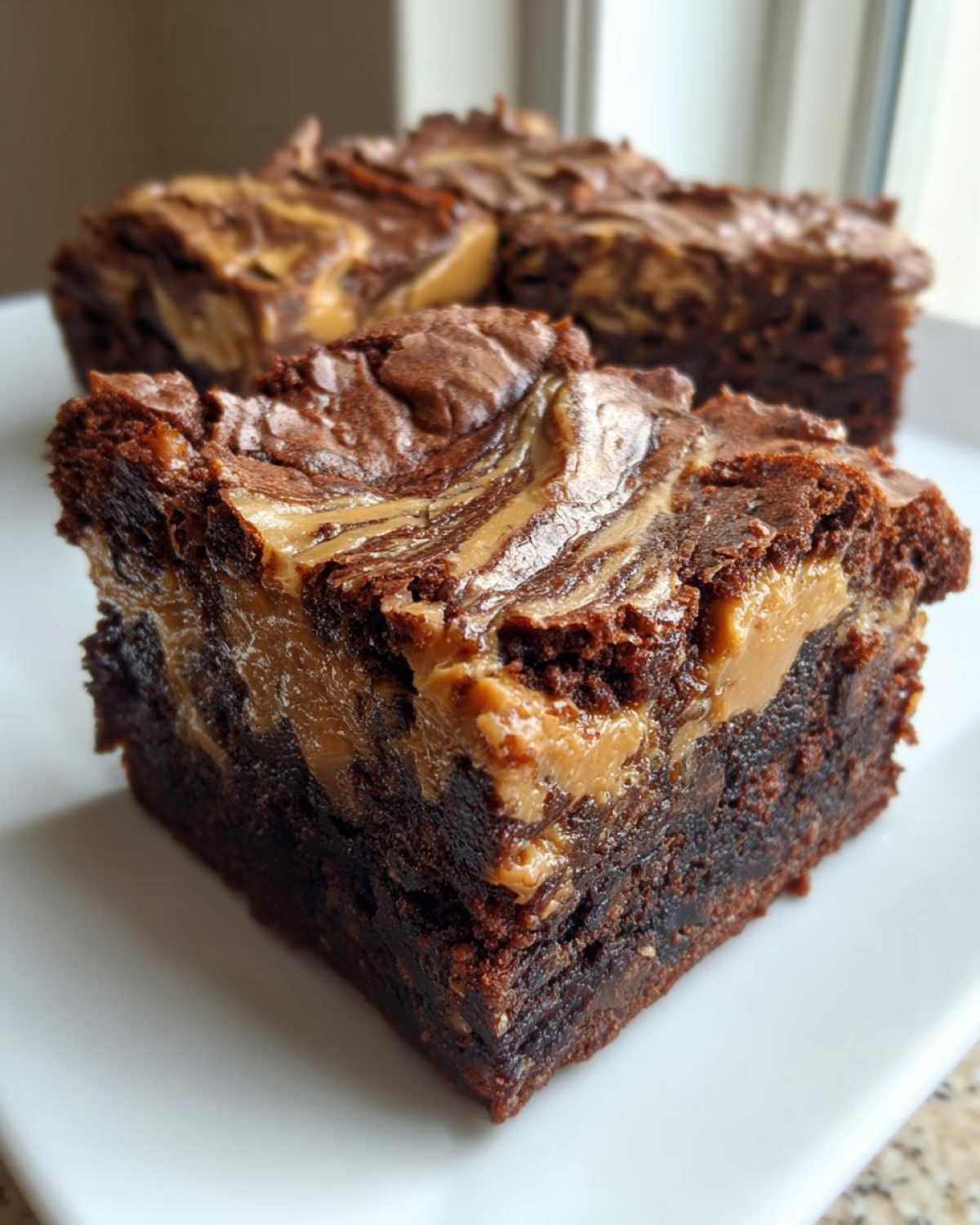 Close-up of a thick, fudgy peanut butter swirl brownies square on a white plate.