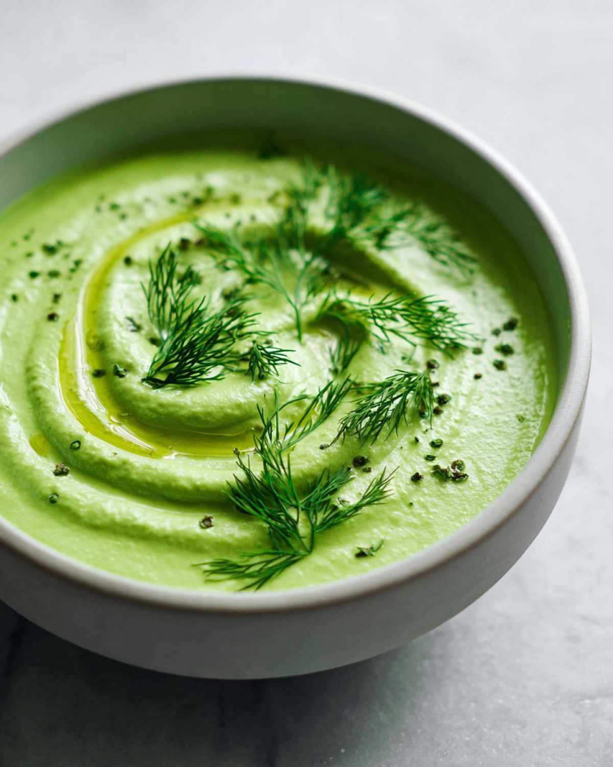 A close-up of bright green Vegan Creamy Cucumber Dill Soup garnished with fresh dill and olive oil.