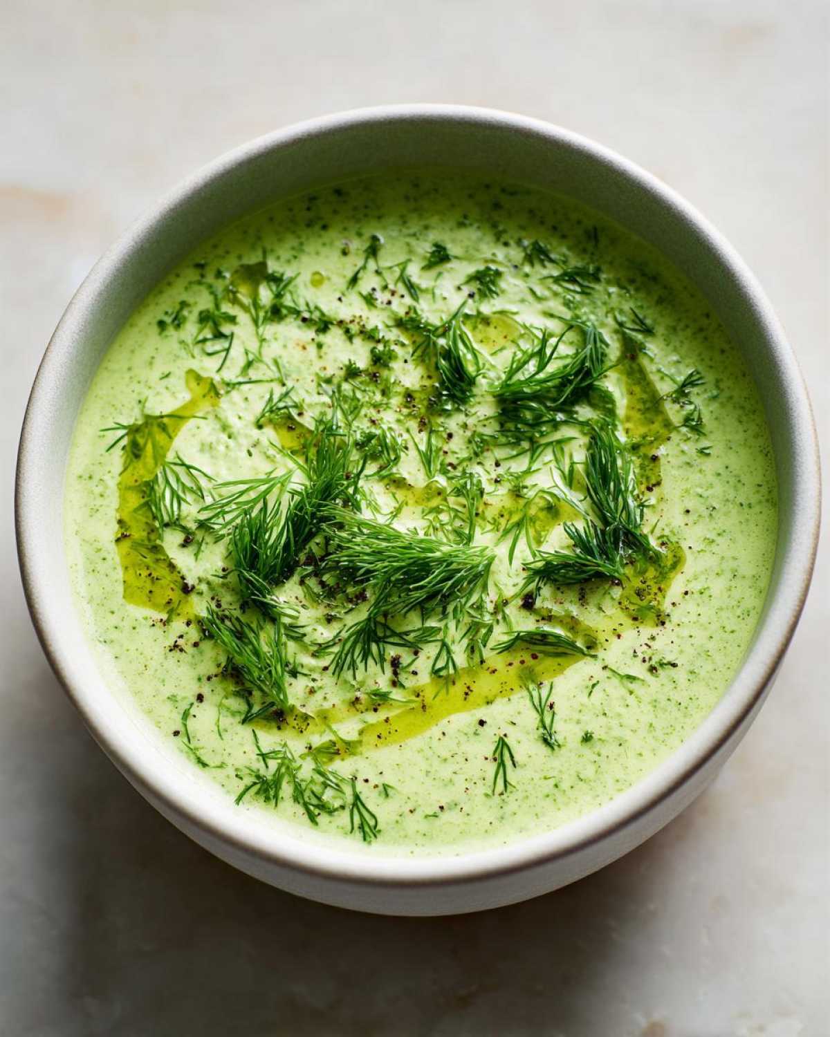 A bowl of bright green Vegan Creamy Cucumber Dill Soup topped with fresh dill, olive oil, and cracked black pepper.