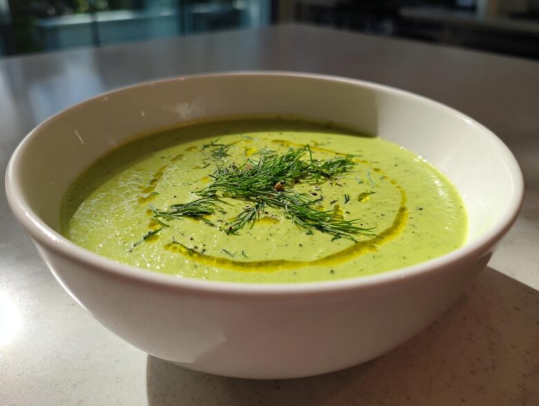 A white bowl filled with bright green Vegan Creamy Cucumber Dill Soup, garnished with fresh dill and olive oil.