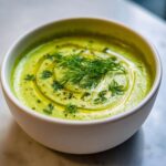 Close-up of a bowl of vibrant green Vegan Creamy Cucumber Dill Soup, drizzled with olive oil and topped with fresh dill.