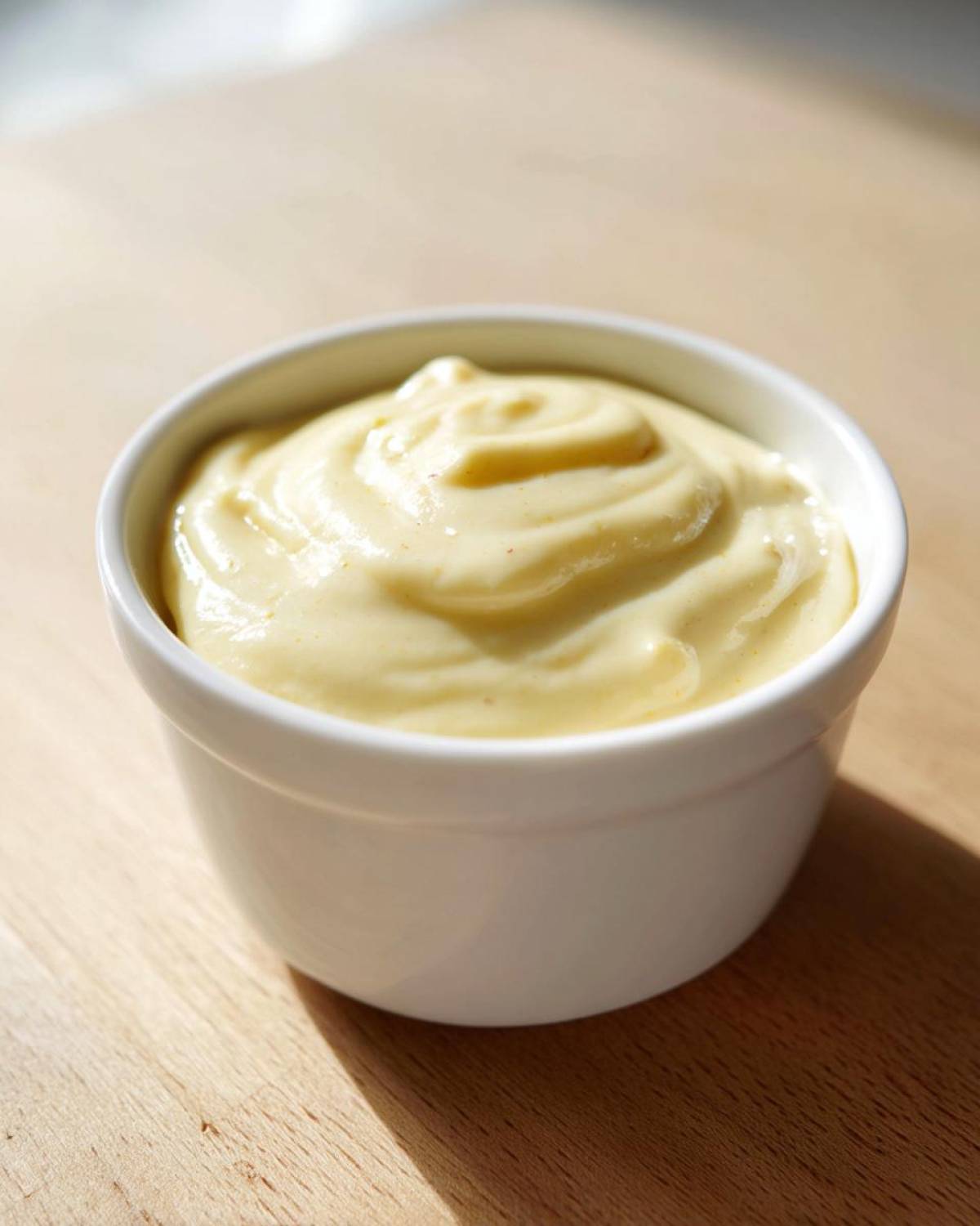 A small white bowl filled with thick, smooth Vegan Creamy Lemon Tahini Dressing, sitting on a wooden surface.