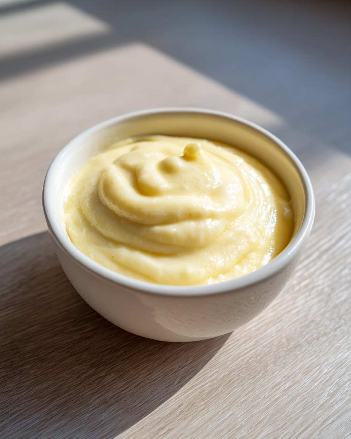 Close-up of thick, creamy Vegan Creamy Lemon Tahini Dressing swirled in a small white bowl.
