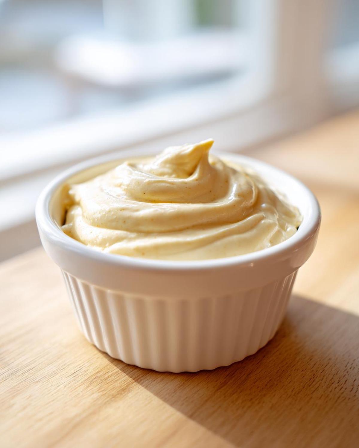 Close-up of thick, creamy Vegan Creamy Lemon Tahini Dressing swirled high in a small white ramekin.