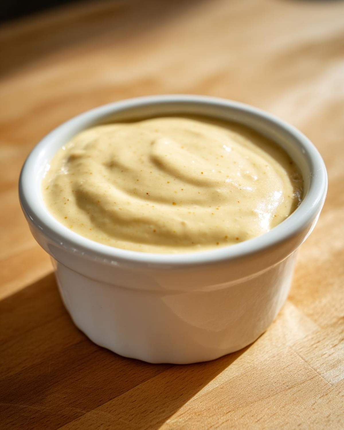 Close-up of thick, yellow Vegan Creamy Lemon Tahini Dressing swirled in a small white ramekin on a wooden surface.
