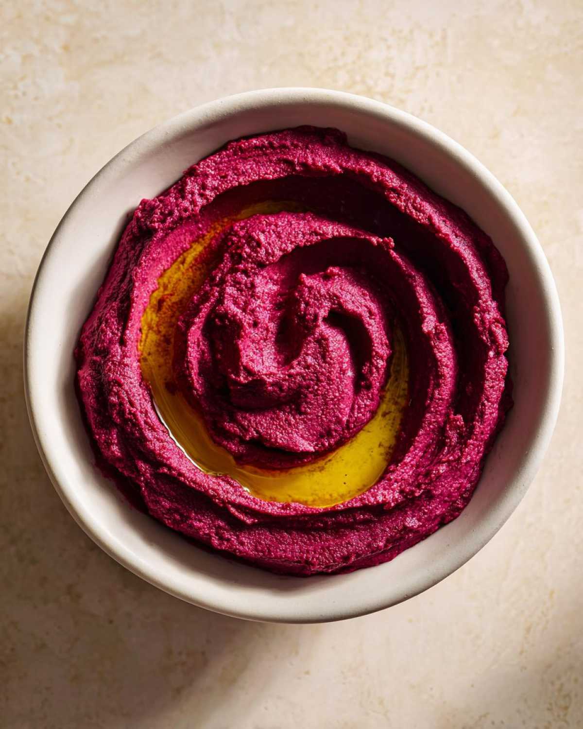 Overhead view of rich, magenta Vegan Creamy Roasted Beet Hummus swirled in a white bowl and drizzled with olive oil.