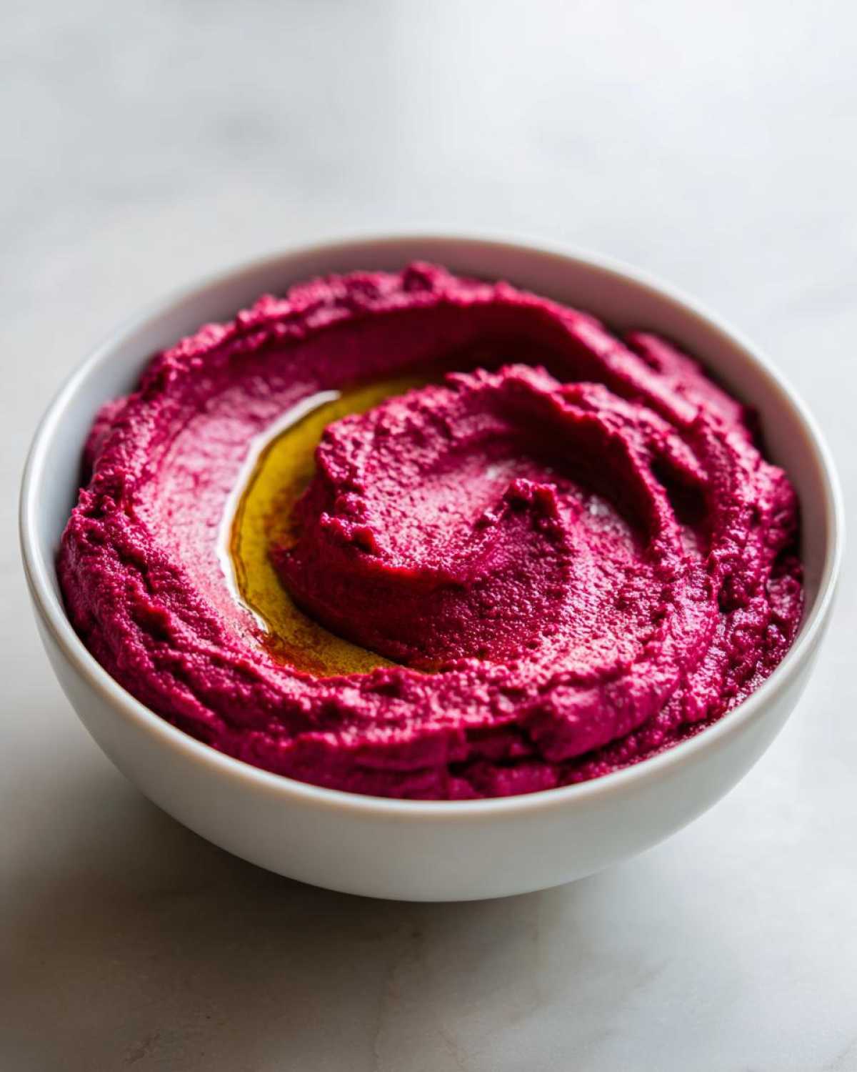 Close-up of vibrant Vegan Creamy Roasted Beet Hummus swirled in a white bowl, topped with olive oil.