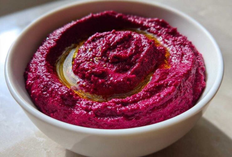 Close-up of vibrant magenta Vegan Creamy Roasted Beet Hummus swirled in a white bowl, topped with olive oil.