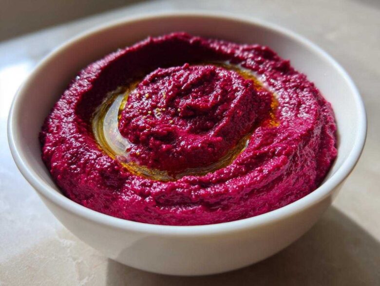 Close-up of vibrant magenta Vegan Creamy Roasted Beet Hummus swirled in a white bowl, topped with olive oil.