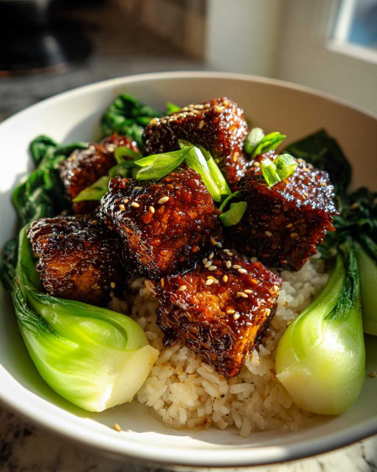 Close-up of Vegan Crispy Sesame Tempeh Bowl featuring glazed tempeh cubes over rice and bright green bok choy.