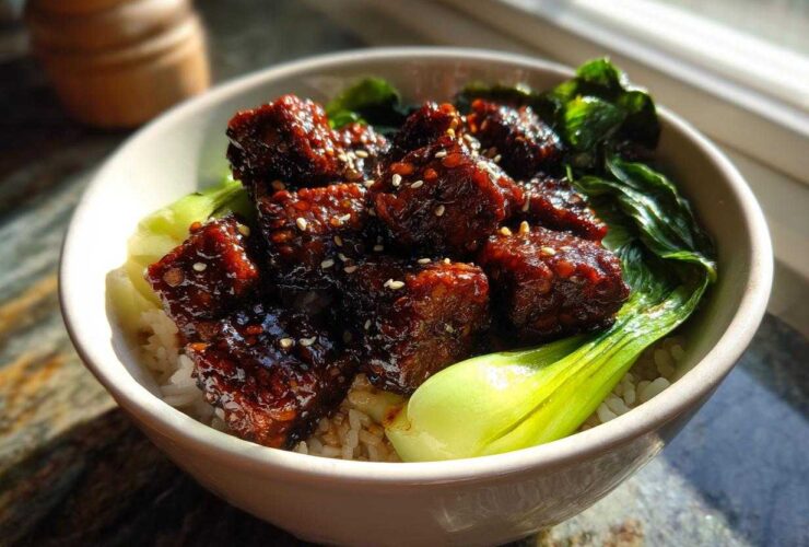 Close-up of a Vegan Crispy Sesame Tempeh Bowl featuring glazed tempeh cubes over rice and bok choy.
