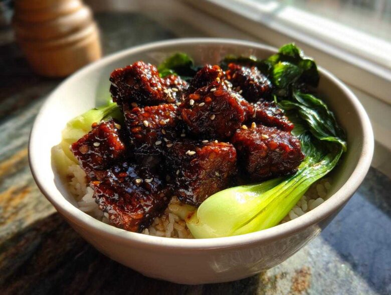 Close-up of a Vegan Crispy Sesame Tempeh Bowl featuring glazed tempeh cubes over rice and bok choy.