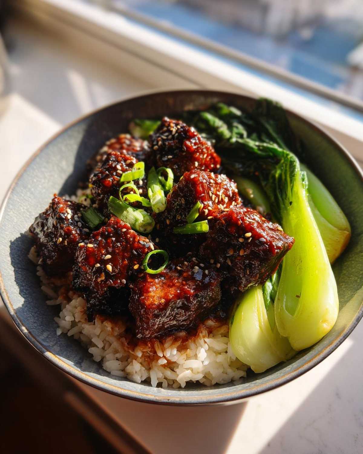 A close-up of a Vegan Crispy Sesame Tempeh Bowl served over white rice with bright green bok choy.