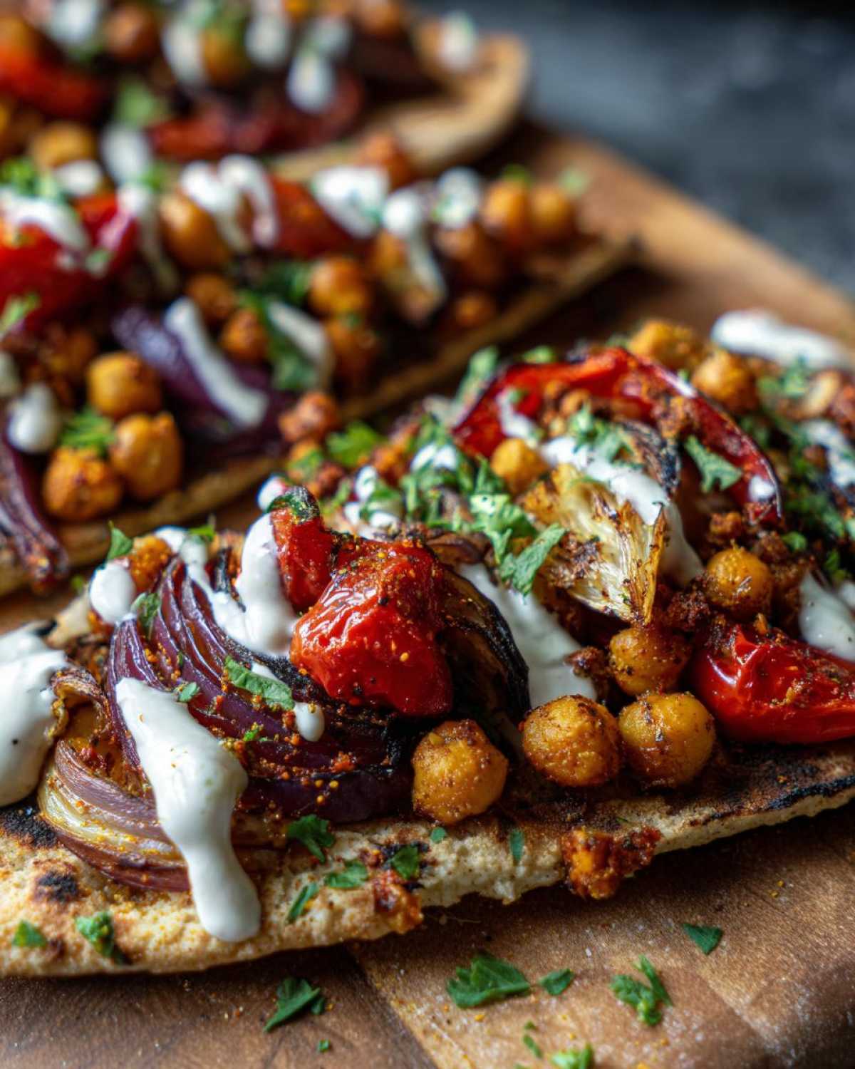 Close-up of Vegan One-Pan Chickpea Shawarma served on charred flatbread with roasted vegetables and white sauce.