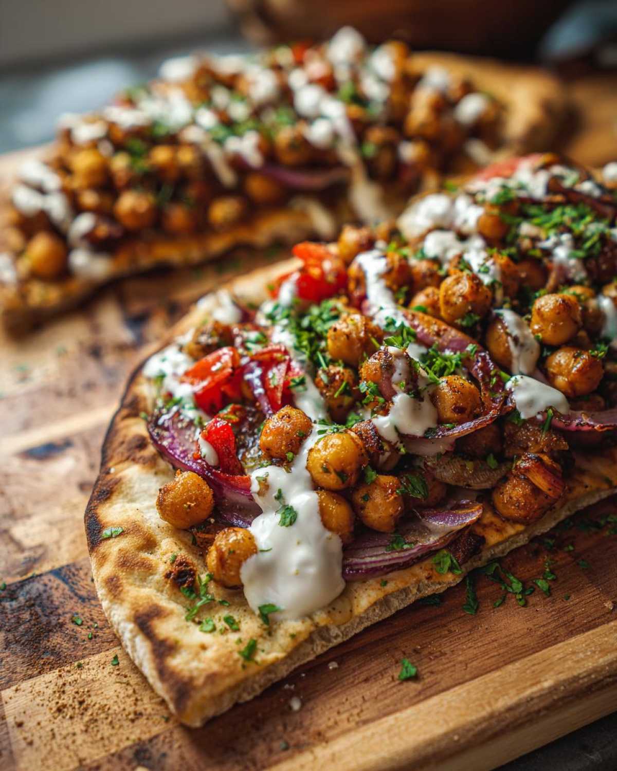 Close-up of Vegan One-Pan Chickpea Shawarma served on a piece of toasted flatbread with tahini drizzle.