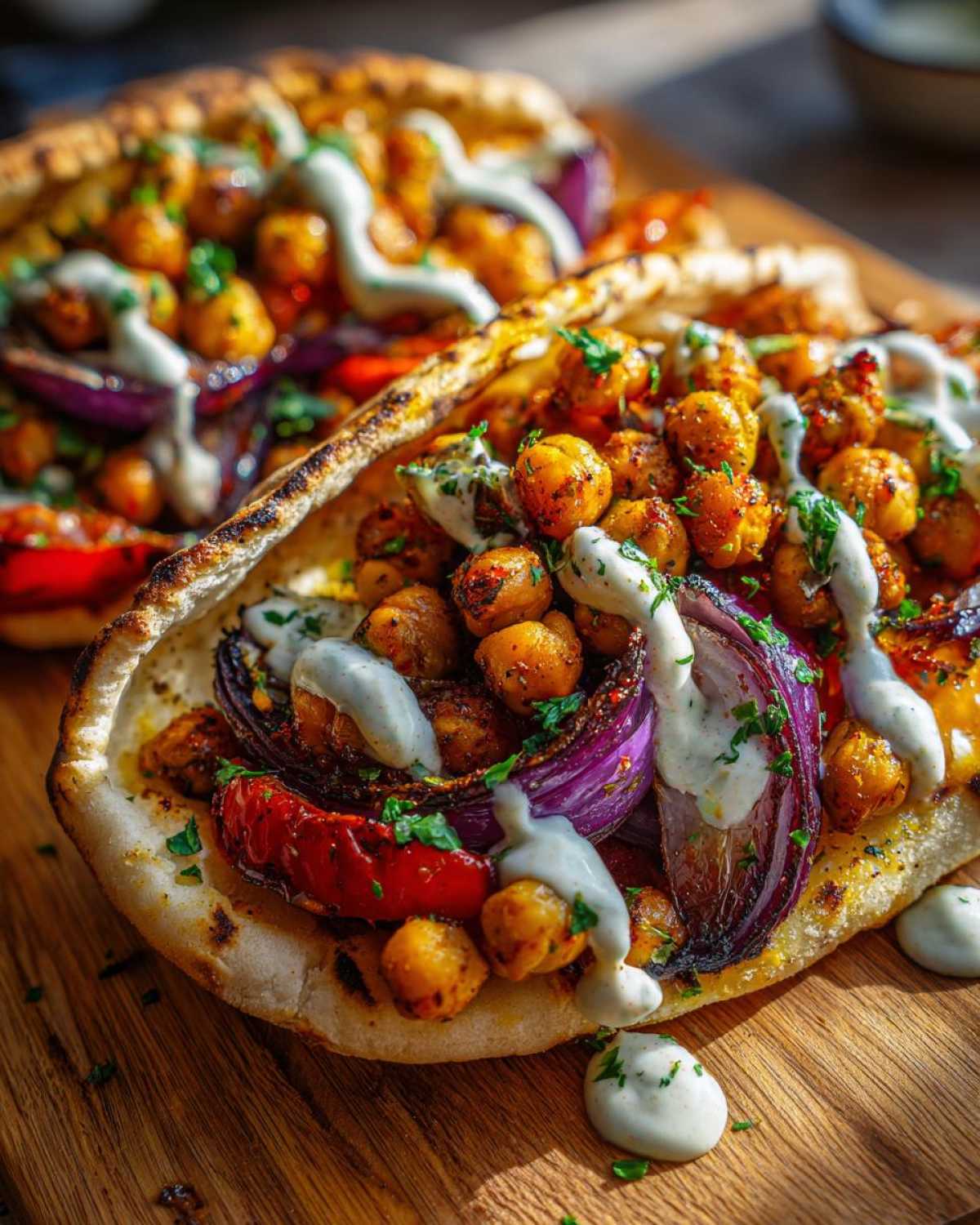 Close-up of Vegan One-Pan Chickpea Shawarma filling pita bread with roasted onions and drizzled with white sauce.