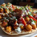 Close-up of Vegan One-Pan Chickpea Shawarma served on a piece of pita bread, drizzled with white sauce and herbs.