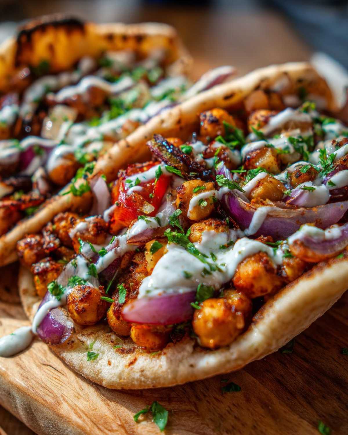 Close-up of Vegan One-Pan Chickpea Shawarma served in warm pita bread with red onion, sauce, and parsley.