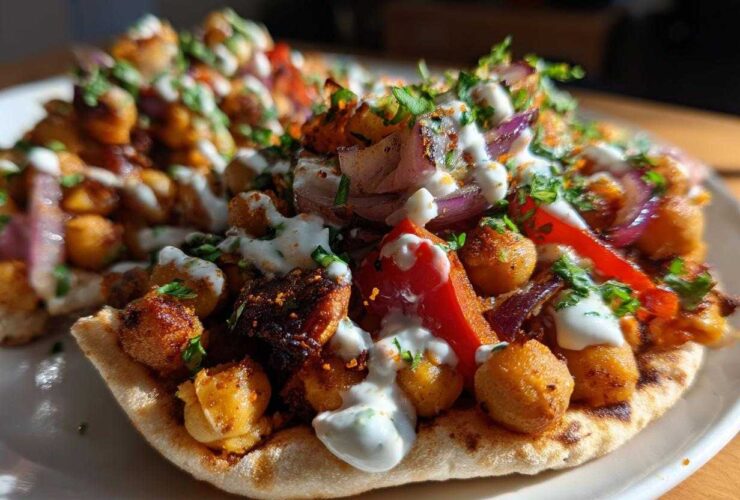 Close-up of Vegan One-Pan Chickpea Shawarma served on a piece of pita bread, drizzled with white sauce and herbs.