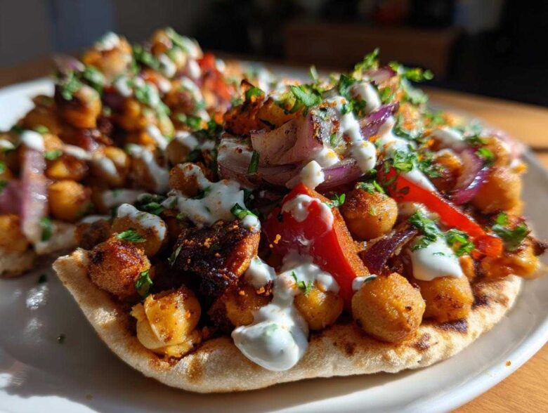 Close-up of Vegan One-Pan Chickpea Shawarma served on a piece of pita bread, drizzled with white sauce and herbs.