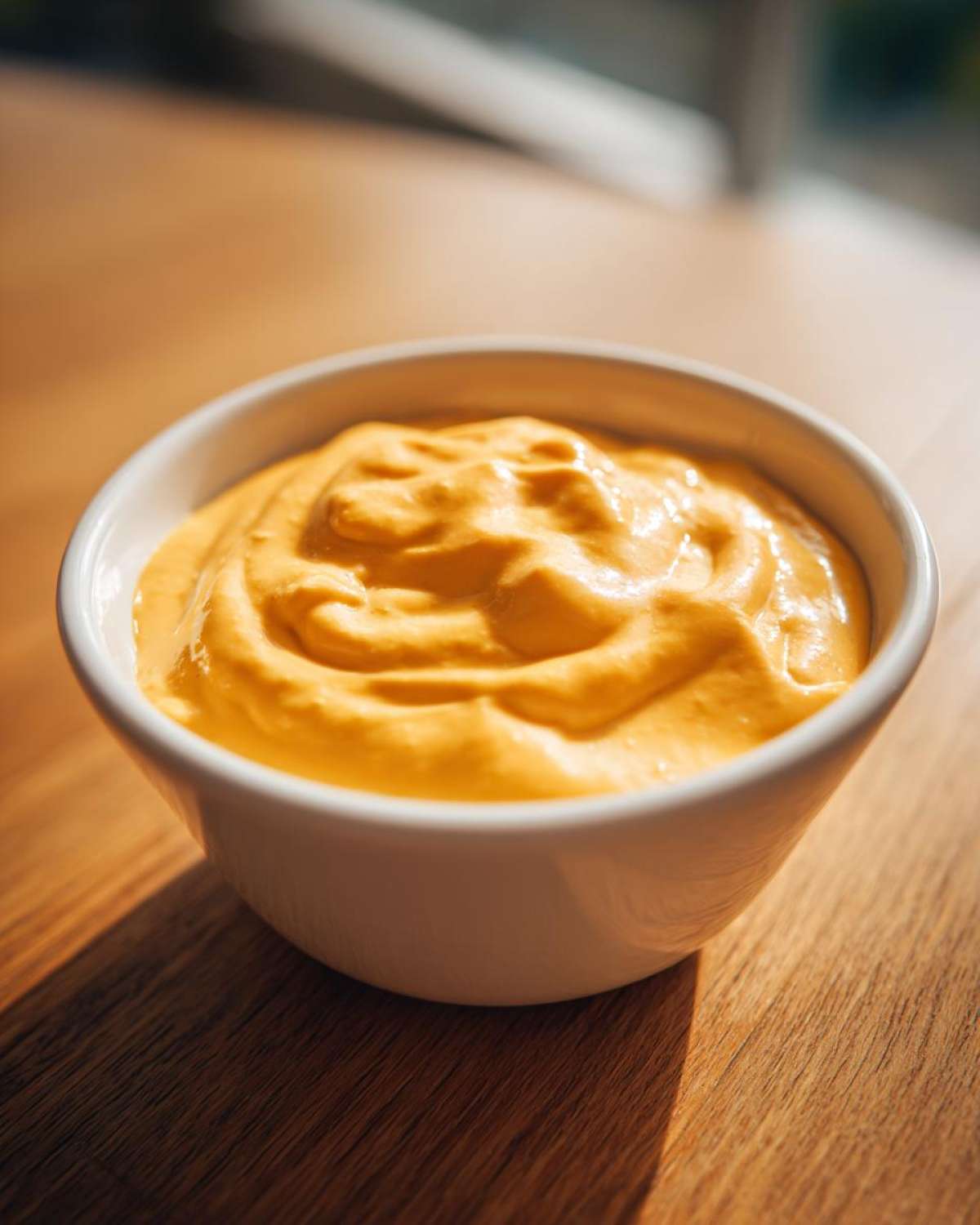 A close-up of a small white bowl filled with rich, bright orange cheese sauce, sitting on a wooden table.