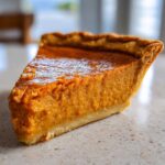 A close-up shot of a thick slice of rich, orange sweet potato pie resting on a light countertop.