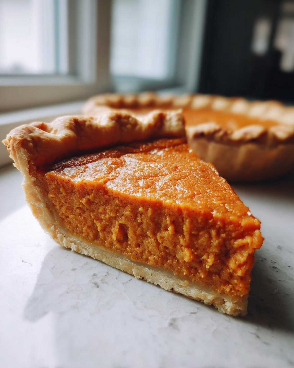 Close-up of a thick slice of velvety sweet potato pie showing the vibrant orange filling and golden crust.