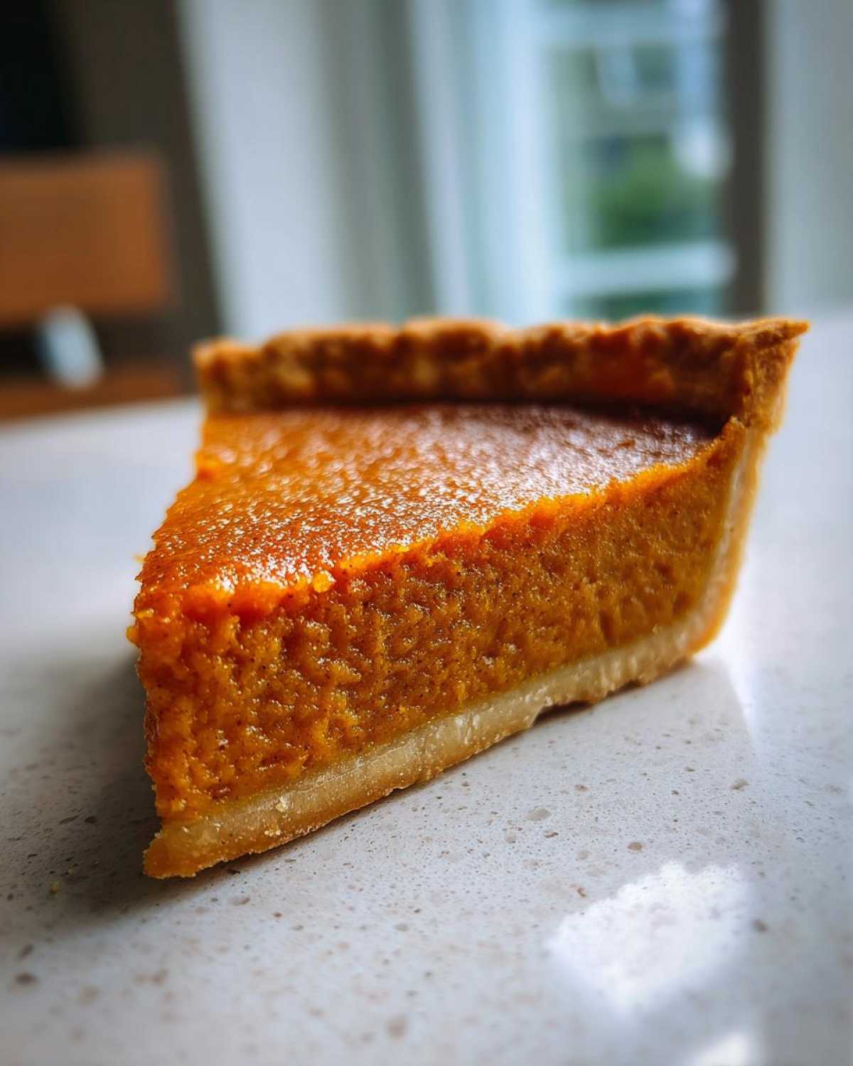 Close-up of a thick slice of velvety sweet potato pie showing the rich orange filling and flaky crust edge.