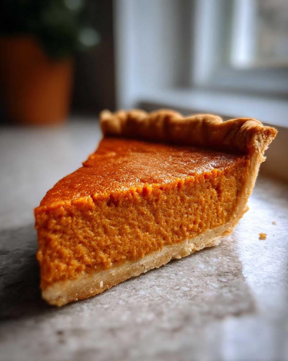 Close-up of a thick slice of sweet potato pie showing the rich orange filling and flaky crust edge.